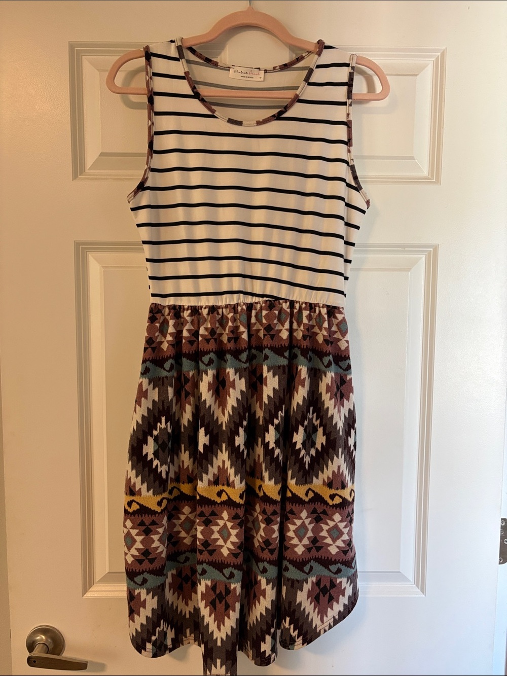 Striped Top Aztec Print Dress in White, Black, Brown